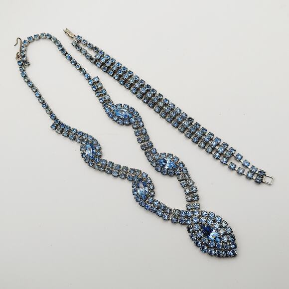 Stunning Baby Blue Marquis Rhinestone Necklace & Bracelet Set Statement Parure - Picture 12 of 16